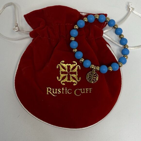 Rustic Cuff Erin Sky Blue Jelly Beads & Gold Metal Beaded Stretch Logo Bracelet - Picture 1 of 5